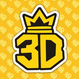 More3DeePee logo — the crowned 3D sticker in yellow, on a tiled 3D pattern
